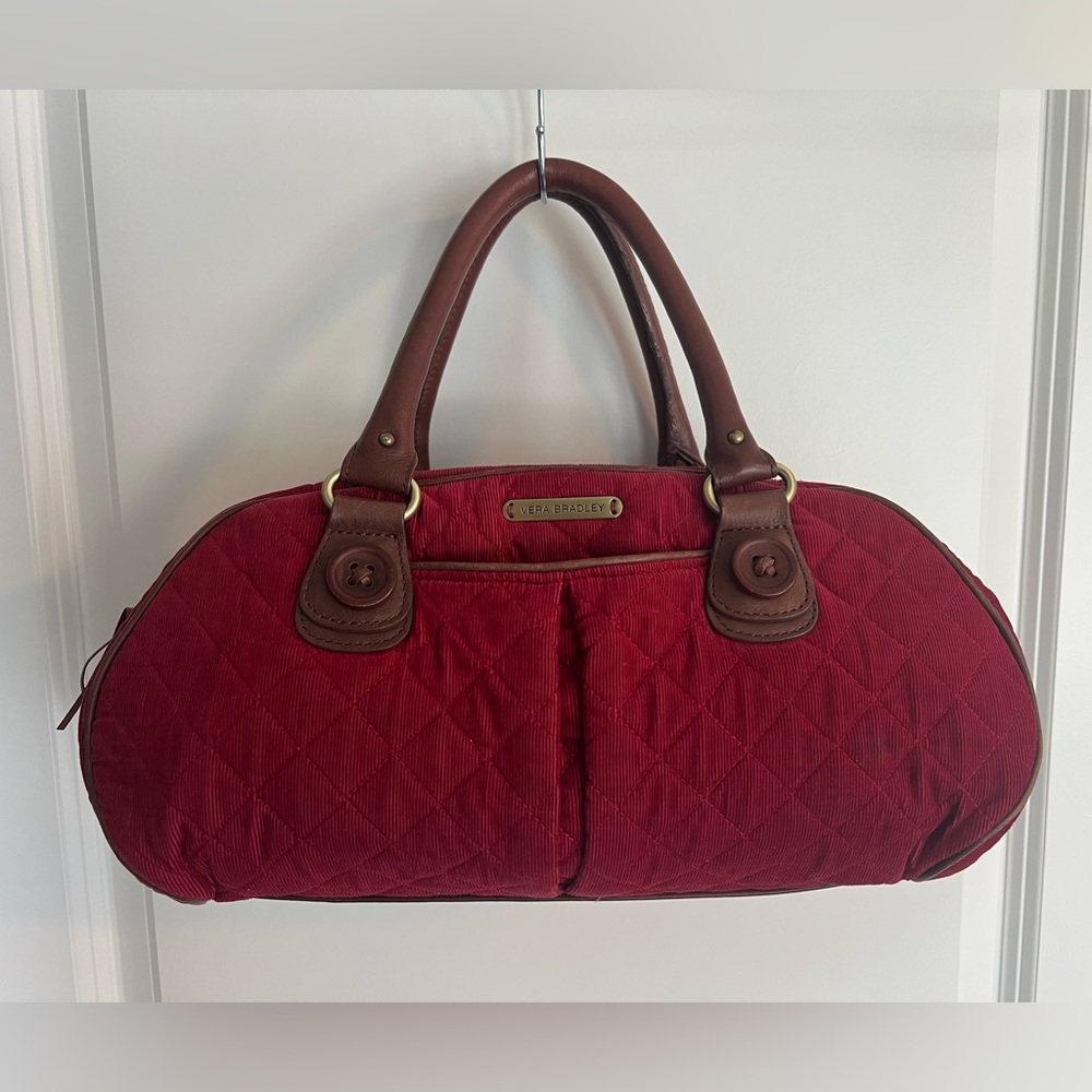 Vera Bradley RED Corduroy CANYON COLLECTION Hand Bag Purse. Leather Handles